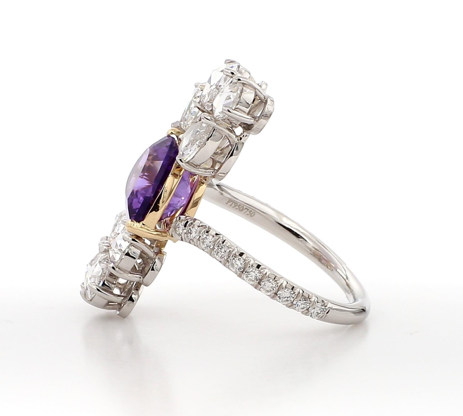 4.04 Carat Purple Amethyst and White Diamond, Cocktail Ring, Set in Platinum For Sale 2