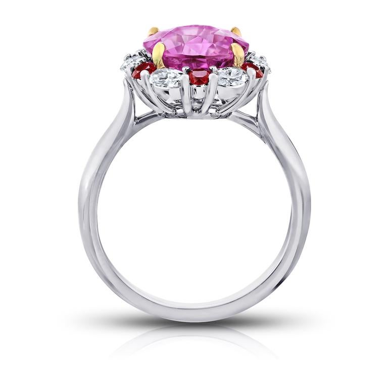 Contemporary 4.04 Carat Round Pink Sapphire Ruby and Diamond Platinum and 18k Ring 