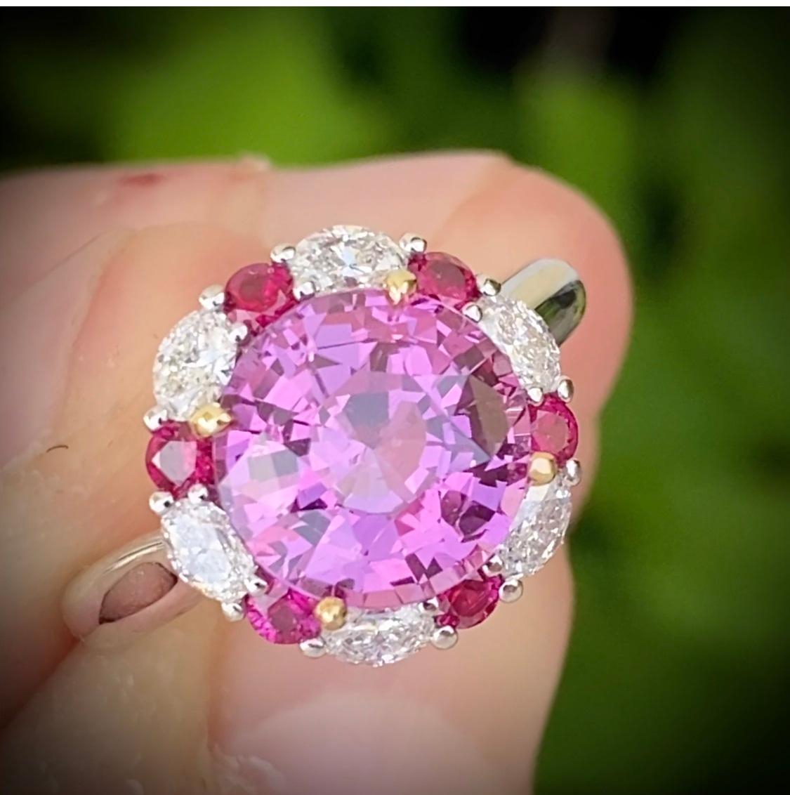 4.04 Carat Round Pink Sapphire Ruby and Diamond Platinum and 18k Ring  In New Condition In New York, NY
