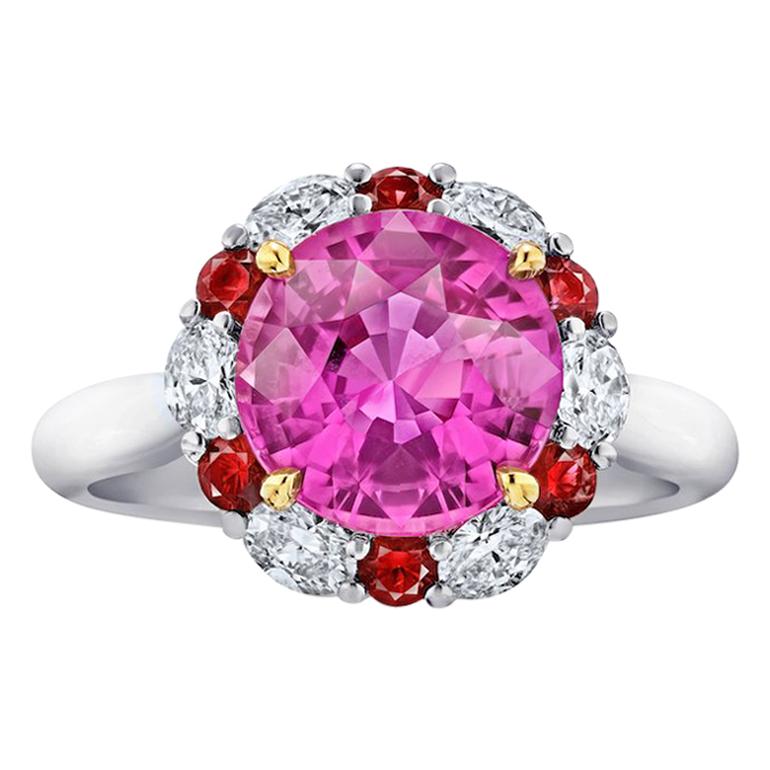 4.04 Carat Round Pink Sapphire Ruby and Diamond Platinum and 18k Ring 