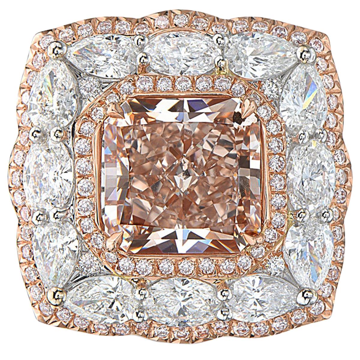 4.04 Carat Square Radiant Fancy Brown Pink Diamond 18 Karat GIA Ring
