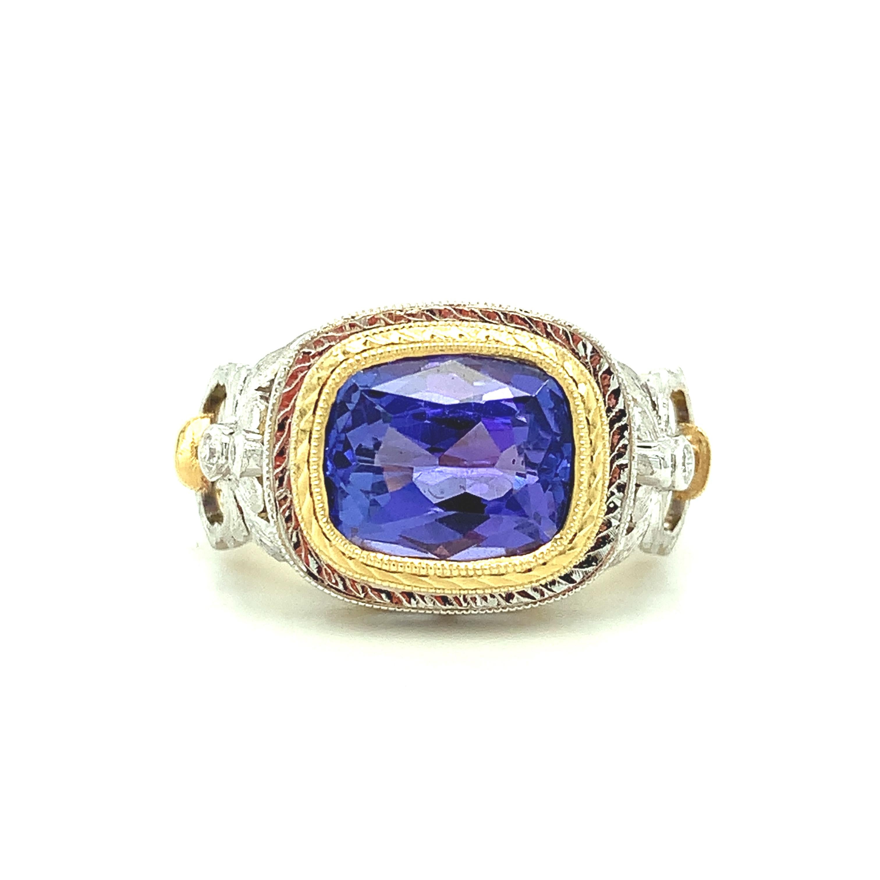 Cushion Cut 4.04 Carat Tanzanite and Diamond Cocktail Ring, Handmade in 18k Gold For Sale