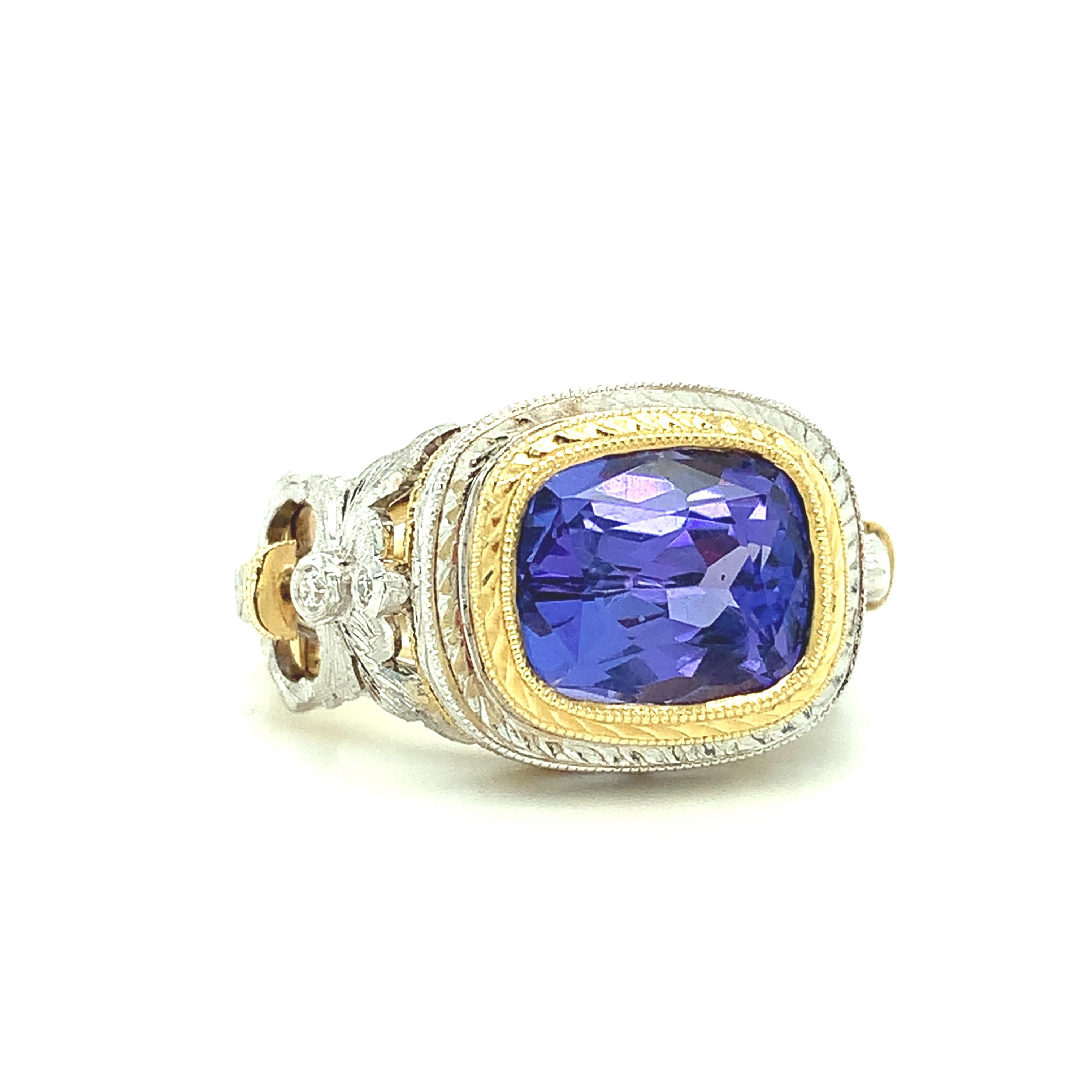 4.04 Carat Tanzanite and Diamond Cocktail Ring, Handmade in 18k Gold In New Condition For Sale In Los Angeles, CA