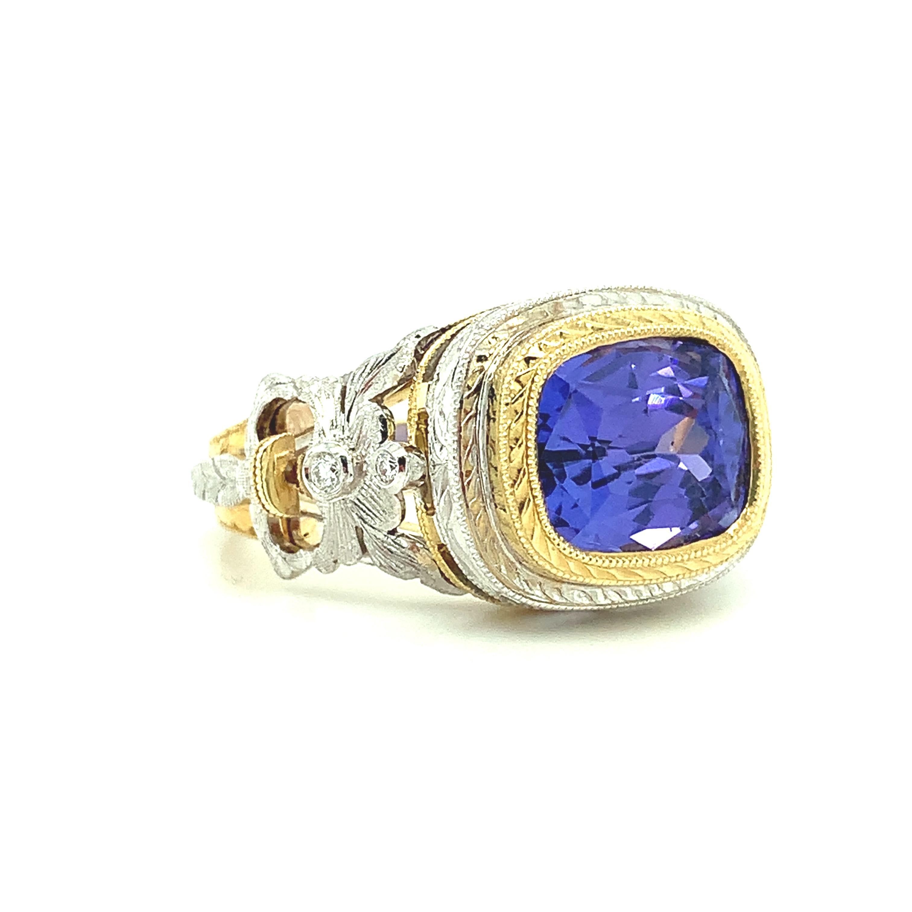 4.04 Carat Tanzanite and Diamond Cocktail Ring, Handmade in 18k Gold For Sale 2