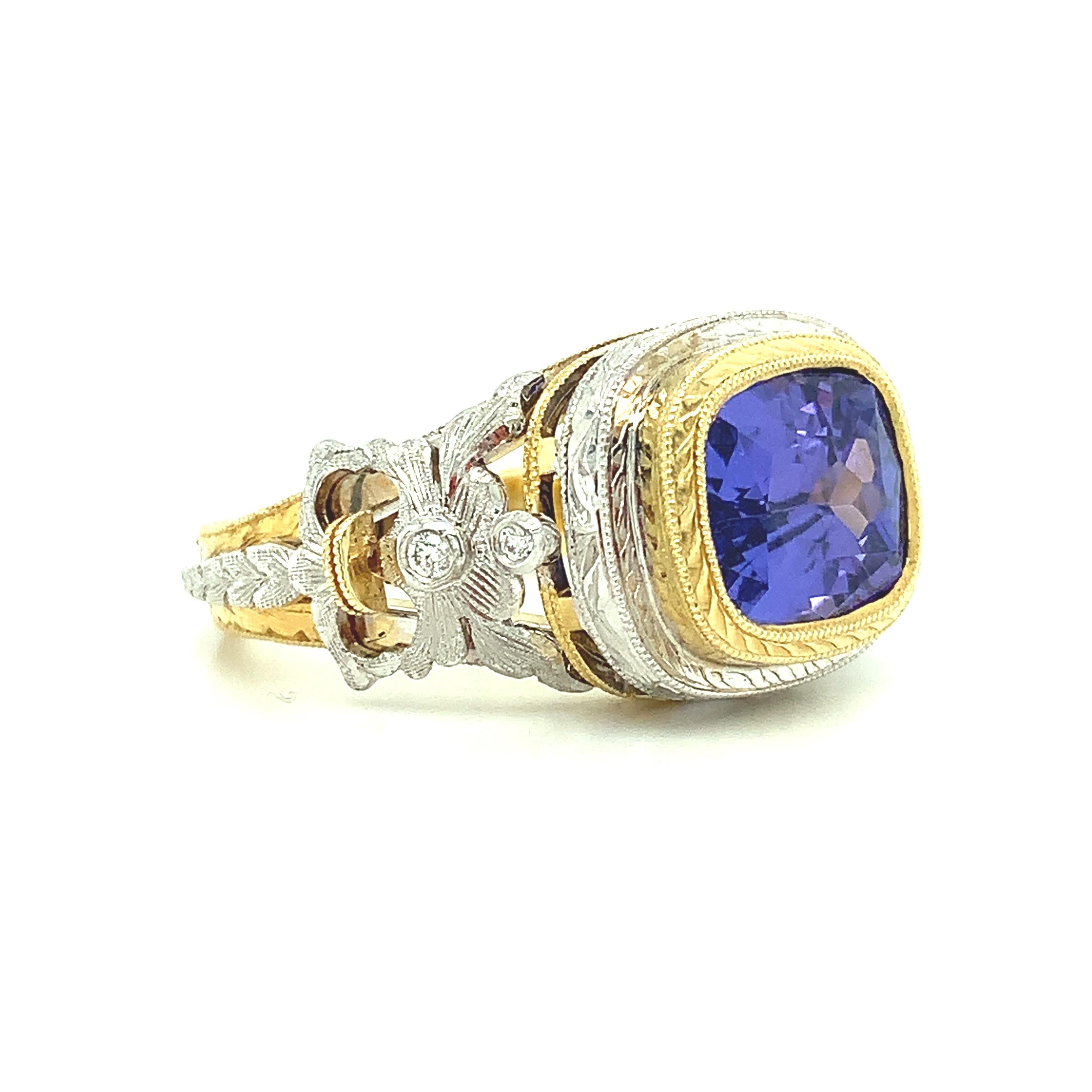 Women's or Men's 4.04 Carat Tanzanite and Diamond Cocktail Ring, Handmade in 18k Gold For Sale