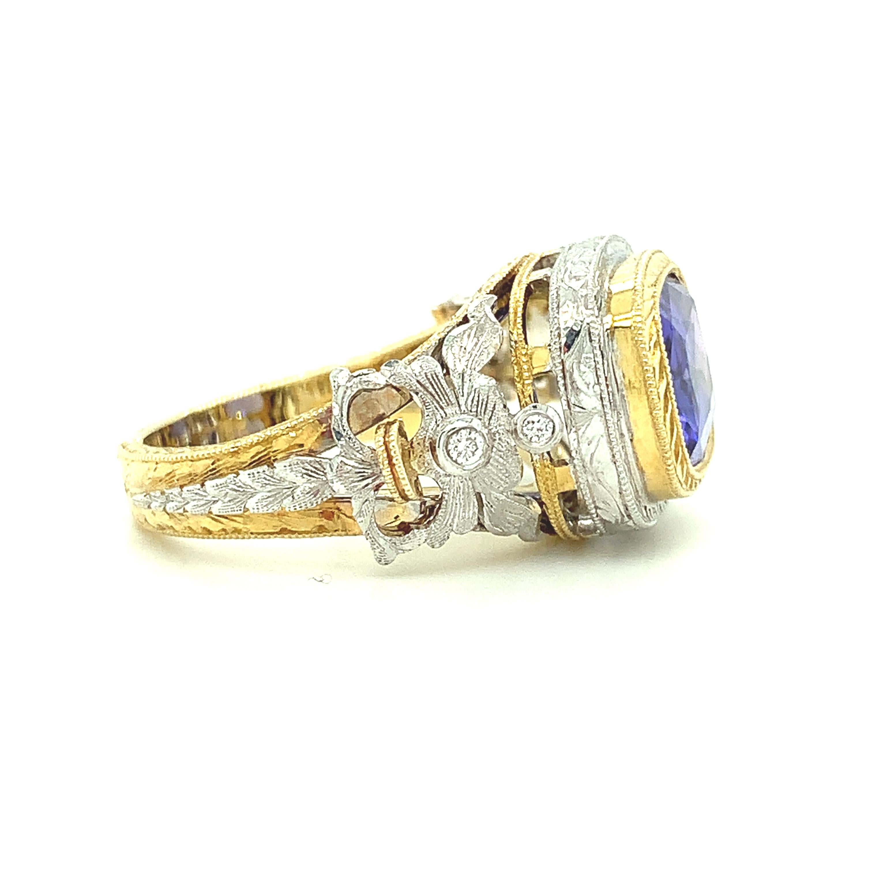 4.04 Carat Tanzanite and Diamond Cocktail Ring, Handmade in 18k Gold For Sale 1