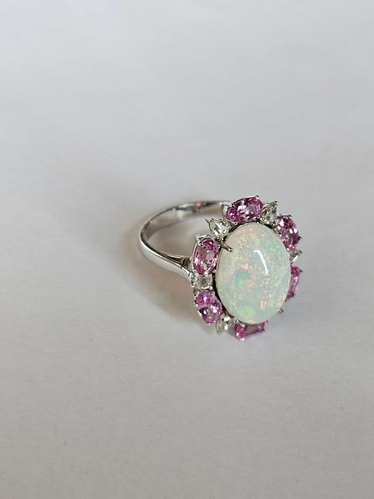 Modern  4.04 carats, Ethiopian Opal, Pink Sapphires & Rose Cut Diamonds Engagement Ring For Sale