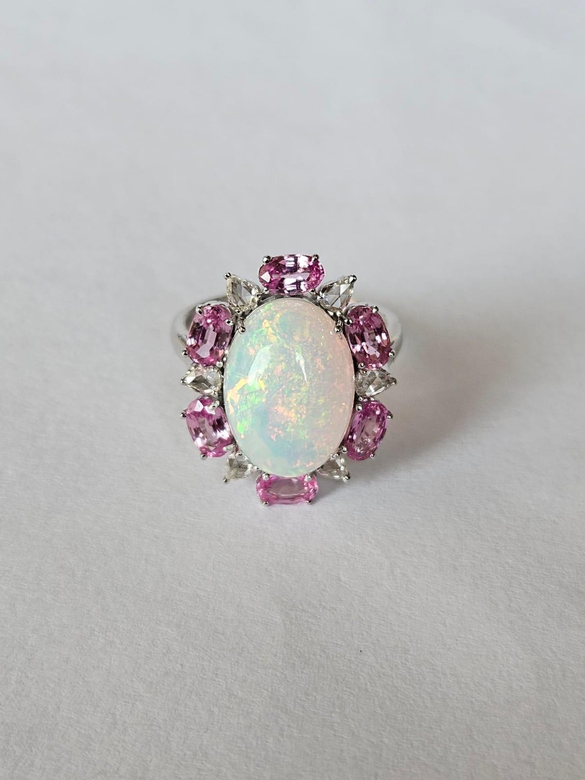  4.04 carats, Ethiopian Opal, Pink Sapphires & Rose Cut Diamonds Engagement Ring In New Condition For Sale In Hong Kong, HK