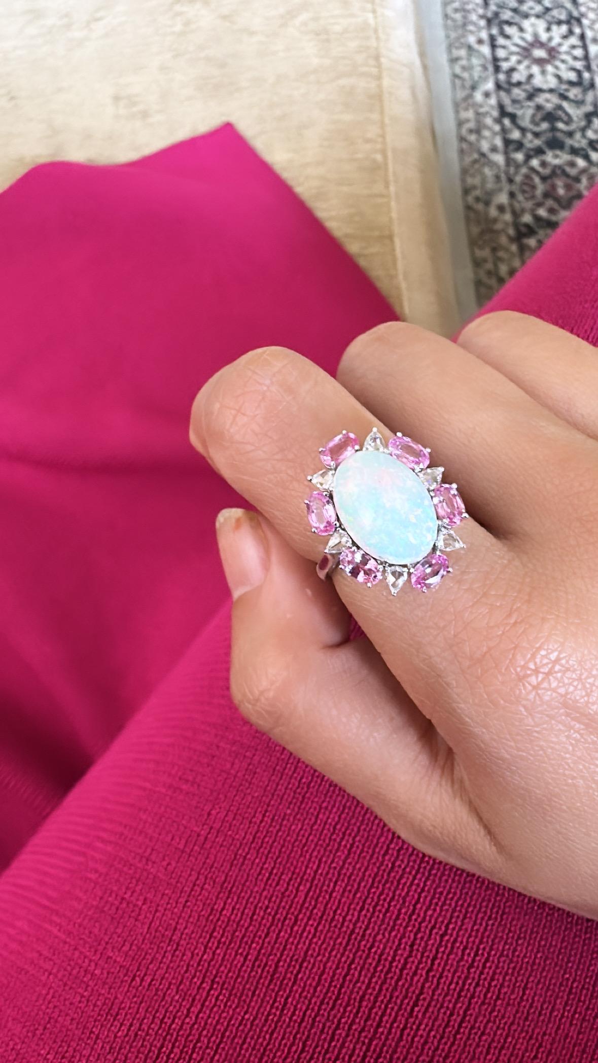 Women's or Men's  4.04 carats, Ethiopian Opal, Pink Sapphires & Rose Cut Diamonds Engagement Ring For Sale