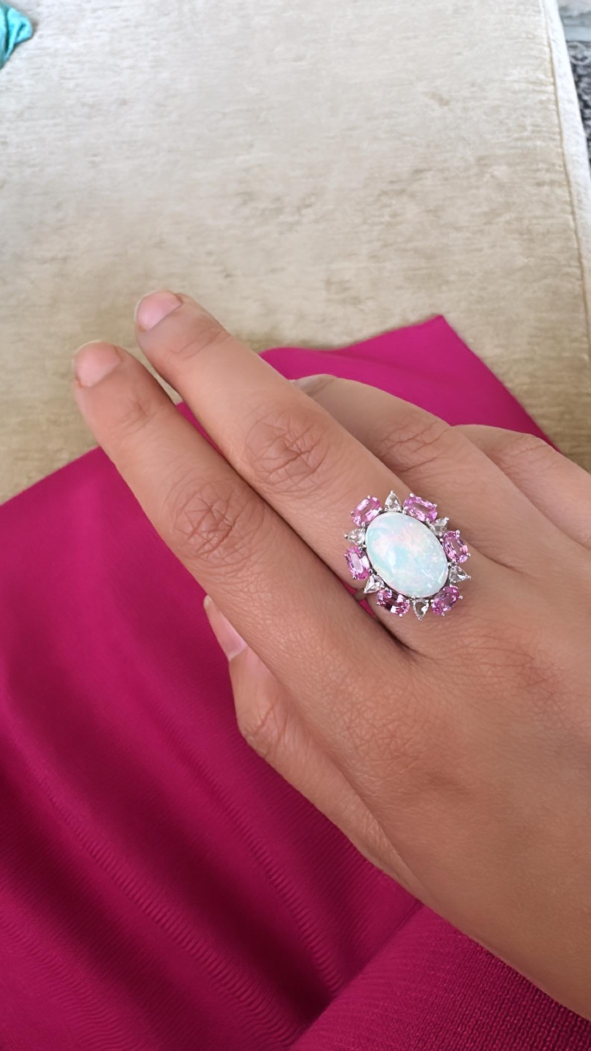  4.04 carats, Ethiopian Opal, Pink Sapphires & Rose Cut Diamonds Engagement Ring For Sale 1
