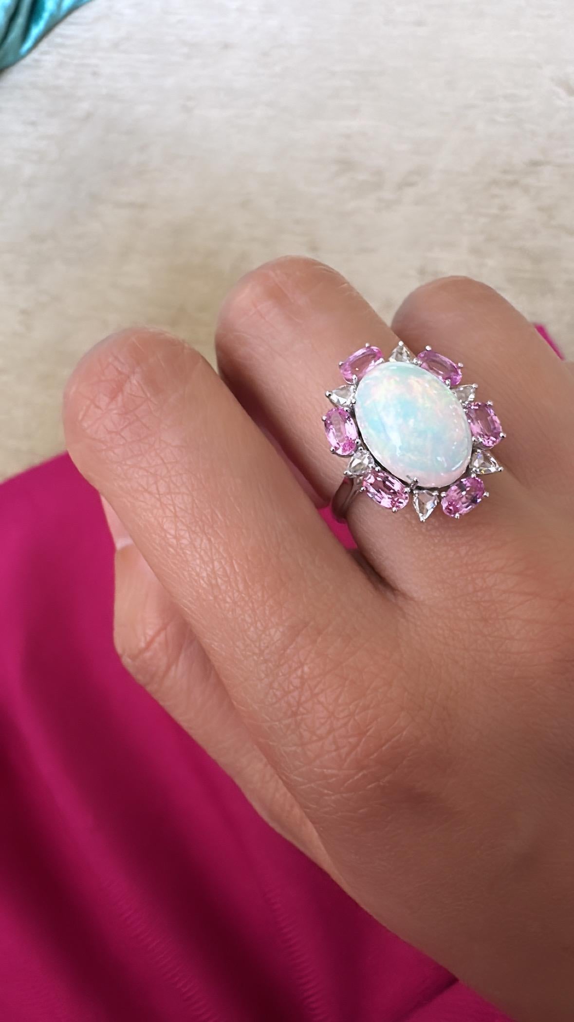  4.04 carats, Ethiopian Opal, Pink Sapphires & Rose Cut Diamonds Engagement Ring For Sale 2