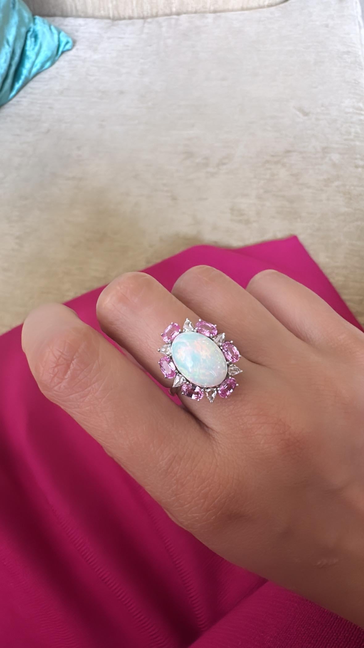  4.04 carats, Ethiopian Opal, Pink Sapphires & Rose Cut Diamonds Engagement Ring For Sale 3