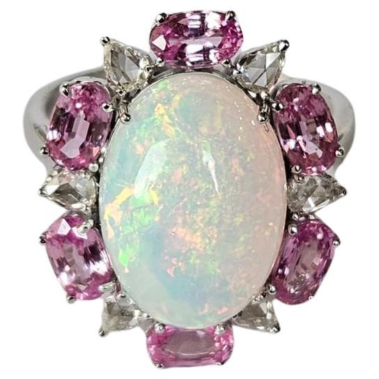  4.04 carats, Ethiopian Opal, Pink Sapphires & Rose Cut Diamonds Engagement Ring For Sale