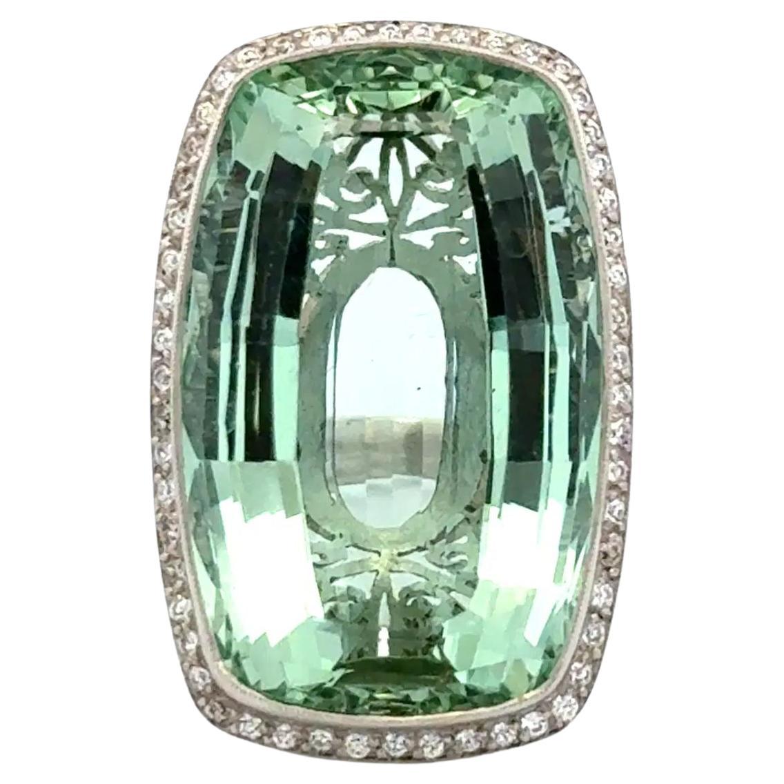 40.42 Carat Rectangular Cushion Green Aquamarine and OEC Diamond Platinum Ring