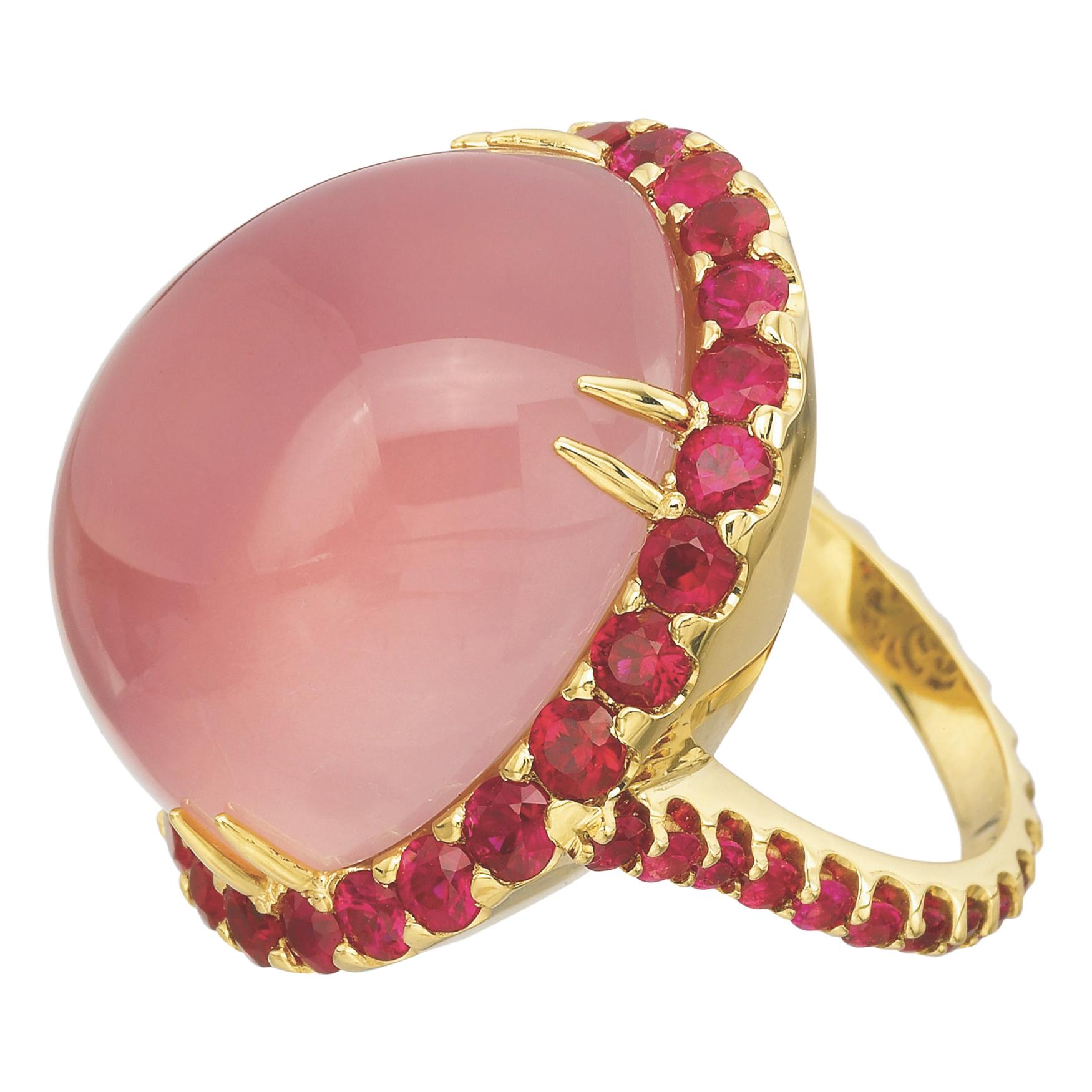 40.43 Carat Rose Quartz Oval Cabochon and Ruby Cocktail Ring