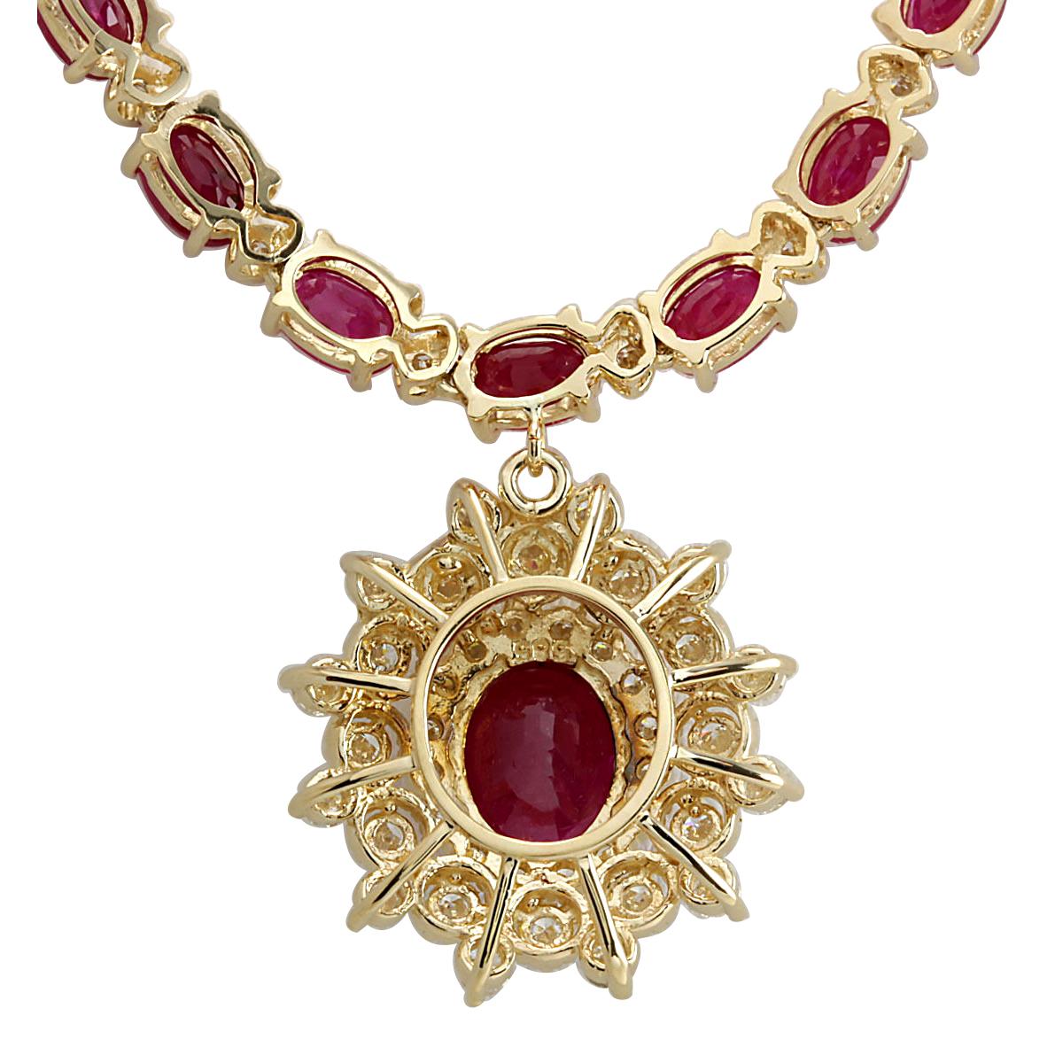 Adorn yourself with opulence by wearing our exquisite 40.45 Carat Natural Ruby 14 Karat Yellow Gold Diamond Necklace. This luxurious piece is crafted from stamped 14K yellow gold, boasting a total necklace weight of 24.0 grams and a length of 17
