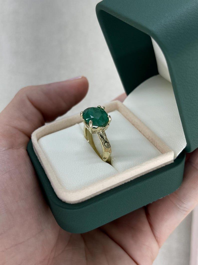 4.04ct 14K Organic Oval Cut Emerald Solitaire Ring Dark Green Gold Nugget For Sale 5