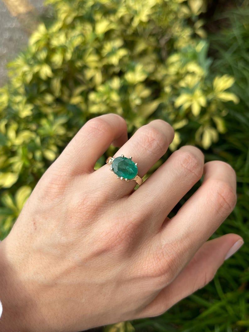 4.04ct 14K Organic Oval Cut Emerald Solitaire Ring Dark Green Gold Nugget For Sale 1