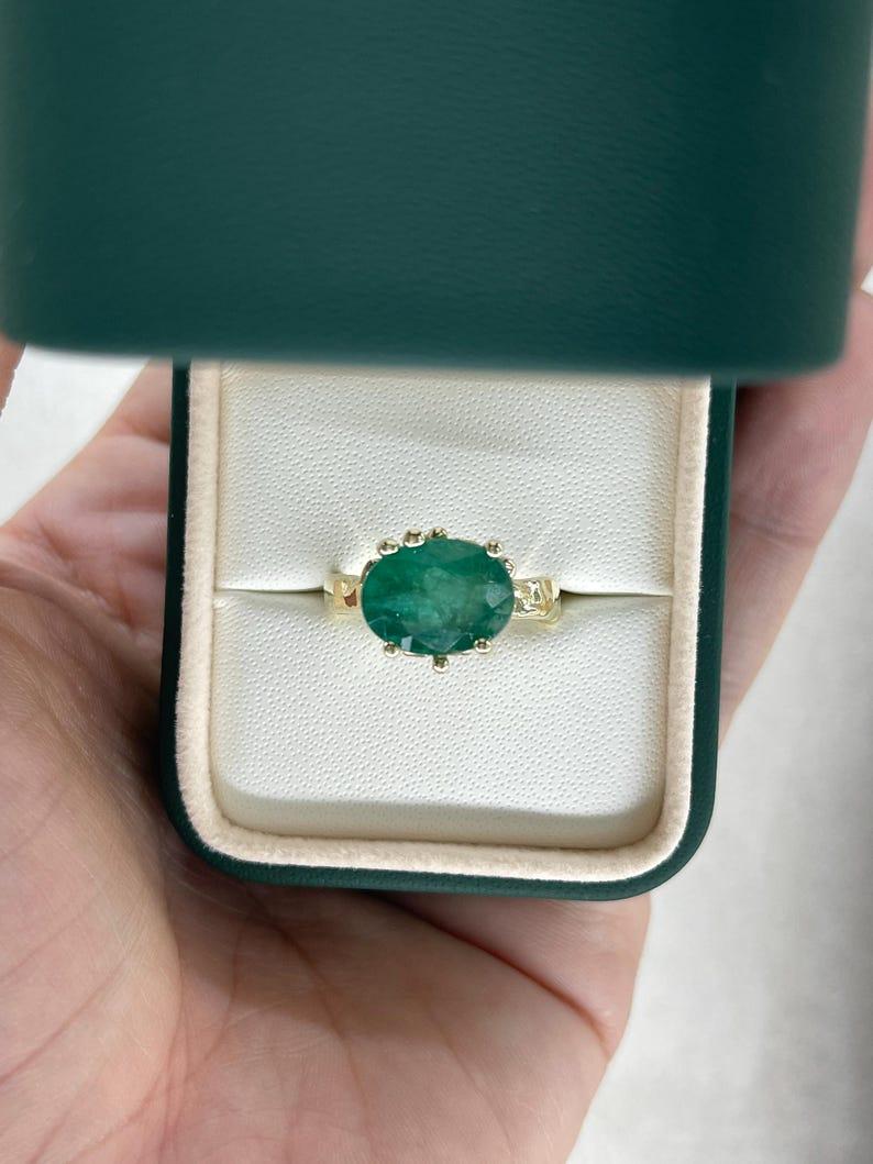 4.04ct 14K Organic Oval Cut Emerald Solitaire Ring Dark Green Gold Nugget For Sale 2