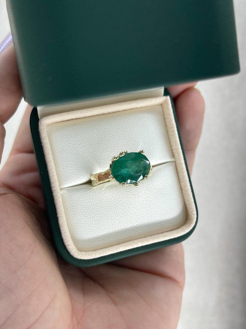 4.04ct 14K Organic Oval Cut Emerald Solitaire Ring Dark Green Gold Nugget For Sale 3