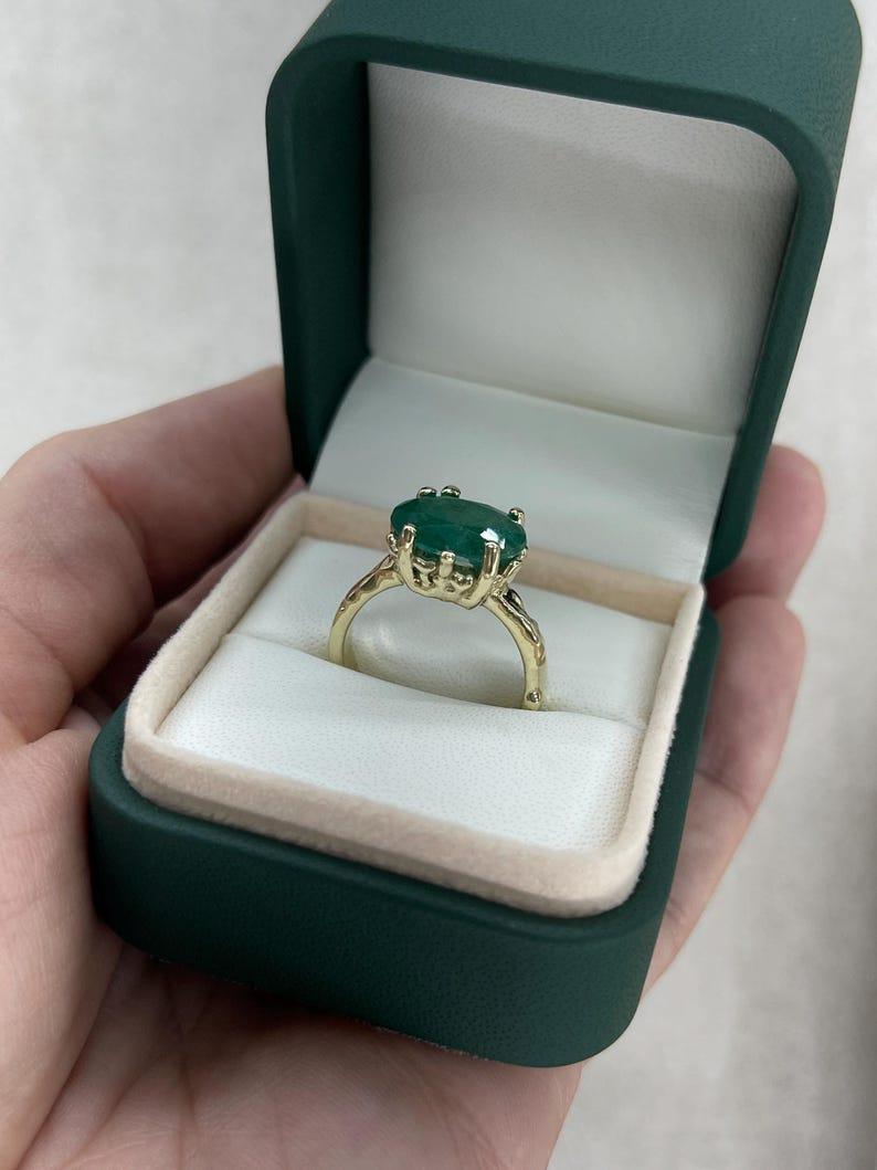4.04ct 14K Organic Oval Cut Emerald Solitaire Ring Dark Green Gold Nugget For Sale 4