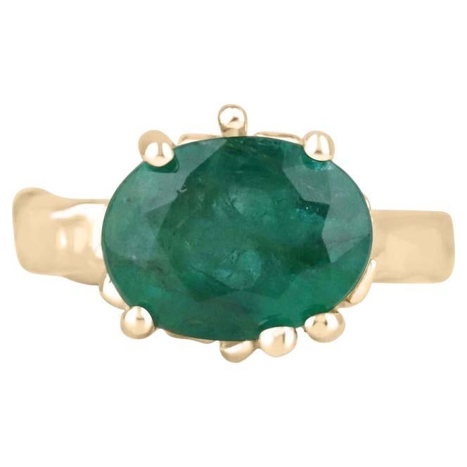 4.04ct 14K Organic Oval Cut Emerald Solitaire Ring Dark Green Gold Nugget