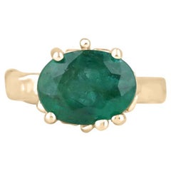 4.04ct 14K Organic Oval Cut Emerald Solitaire Ring Dark Green Gold Nugget