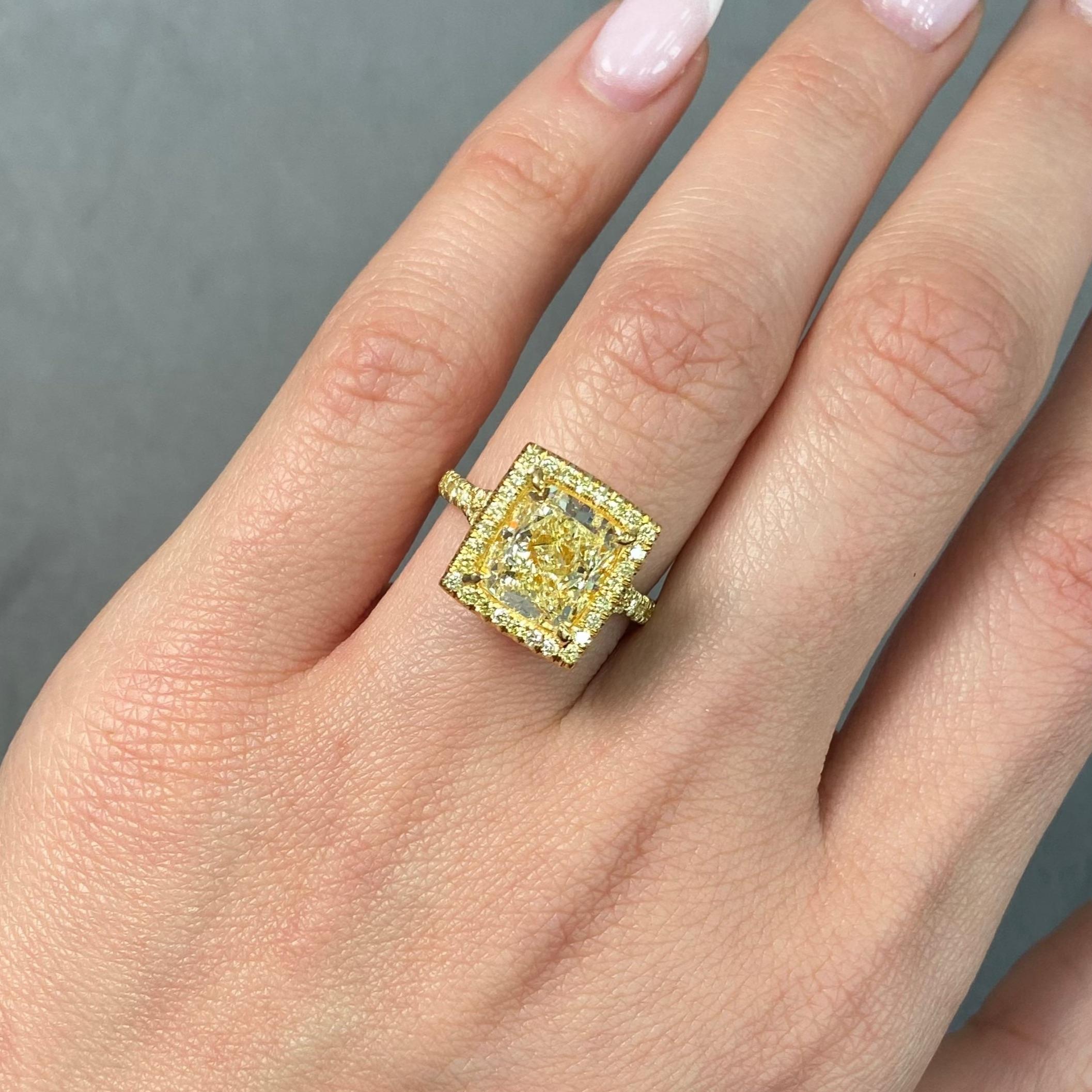 Rare Colors 4ct All Yellow Elongated Cushion Cut Halo Diamond Engagement Ring For Sale 1