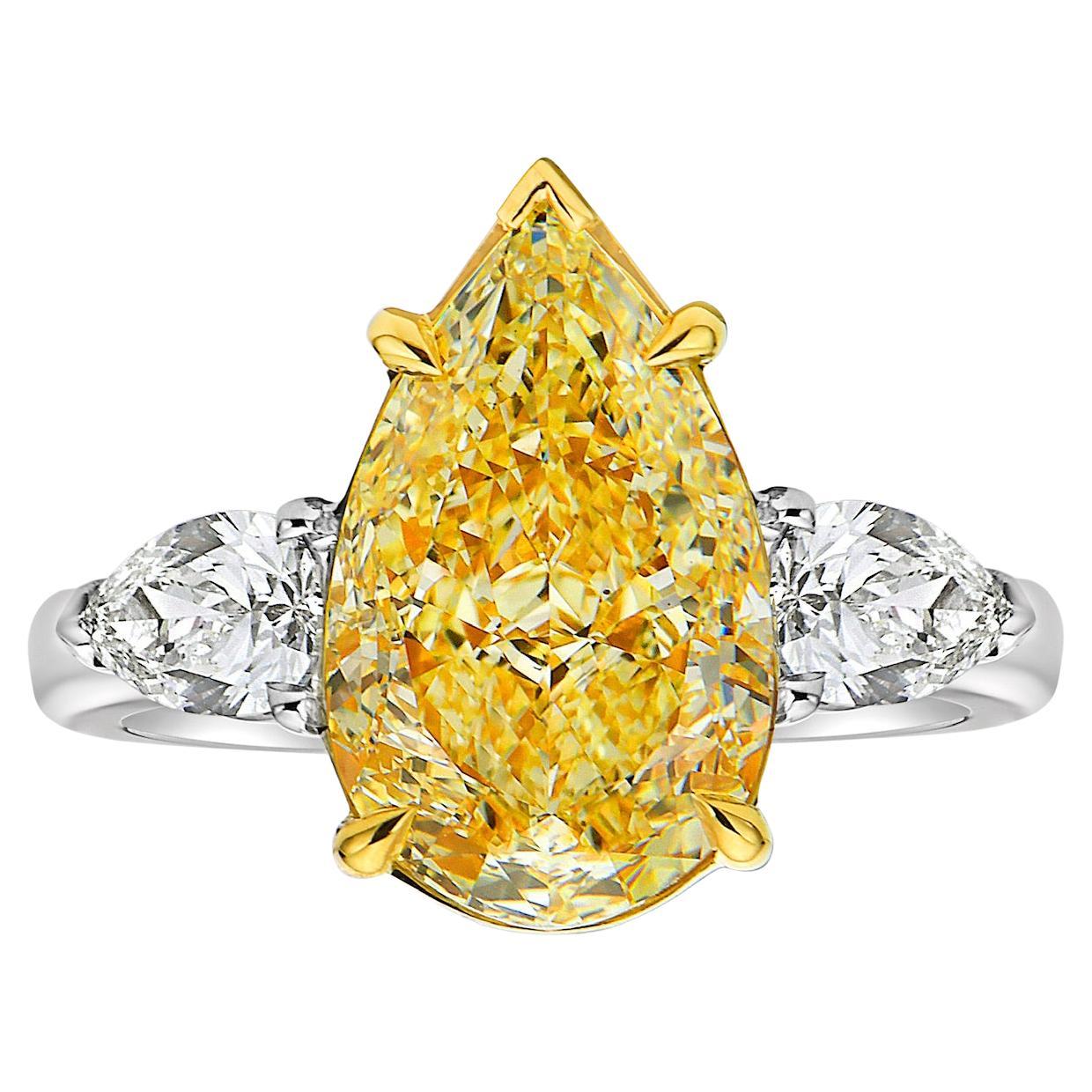 4.04 Carat Light Yellow Pear VS2 GIA Ring