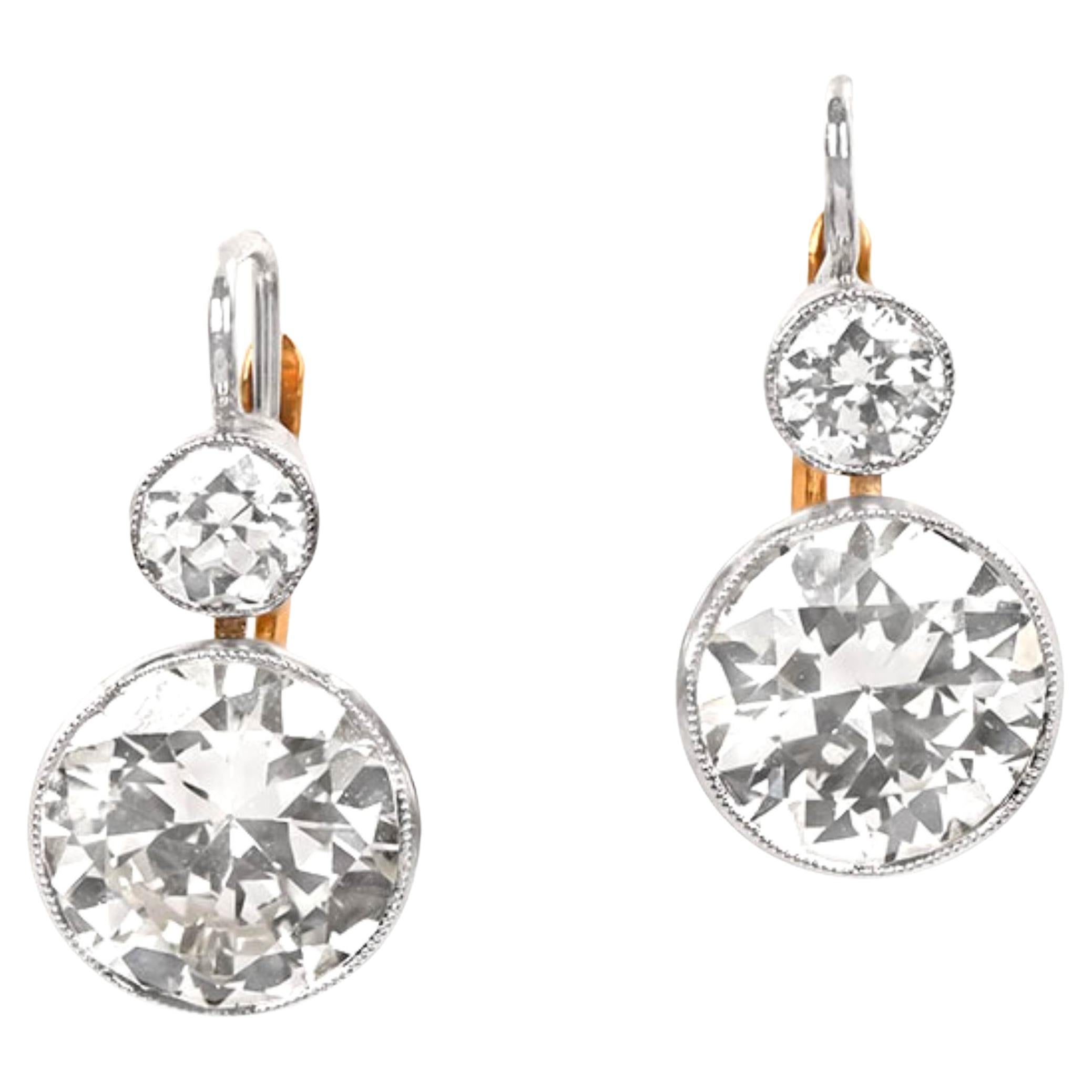 4.04 Carat Old Euro-Cut Diamonds Earrings, VS1-VS2 Clarity, Platinum