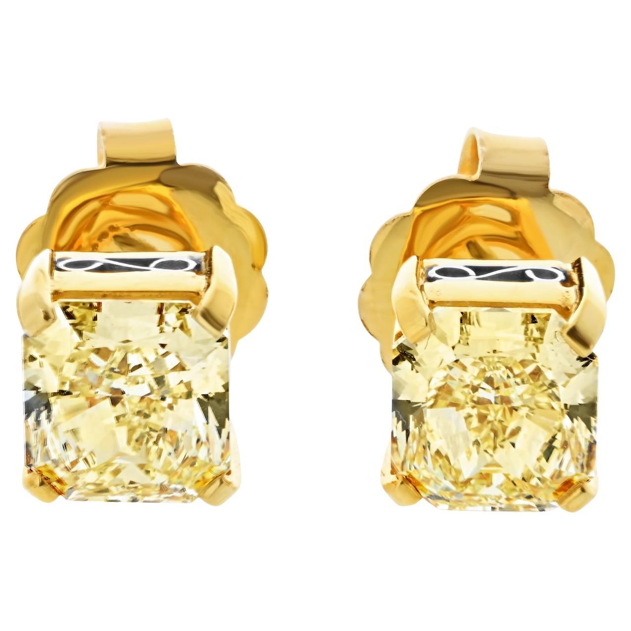 4.04cttw Radiant Cut Fancy Yellow Diamond Stud Earrings For Sale