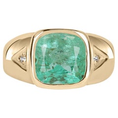 4.04tcw 14K Men's Colombian Emerald-Cushion Cut & Diamond Accent Ring