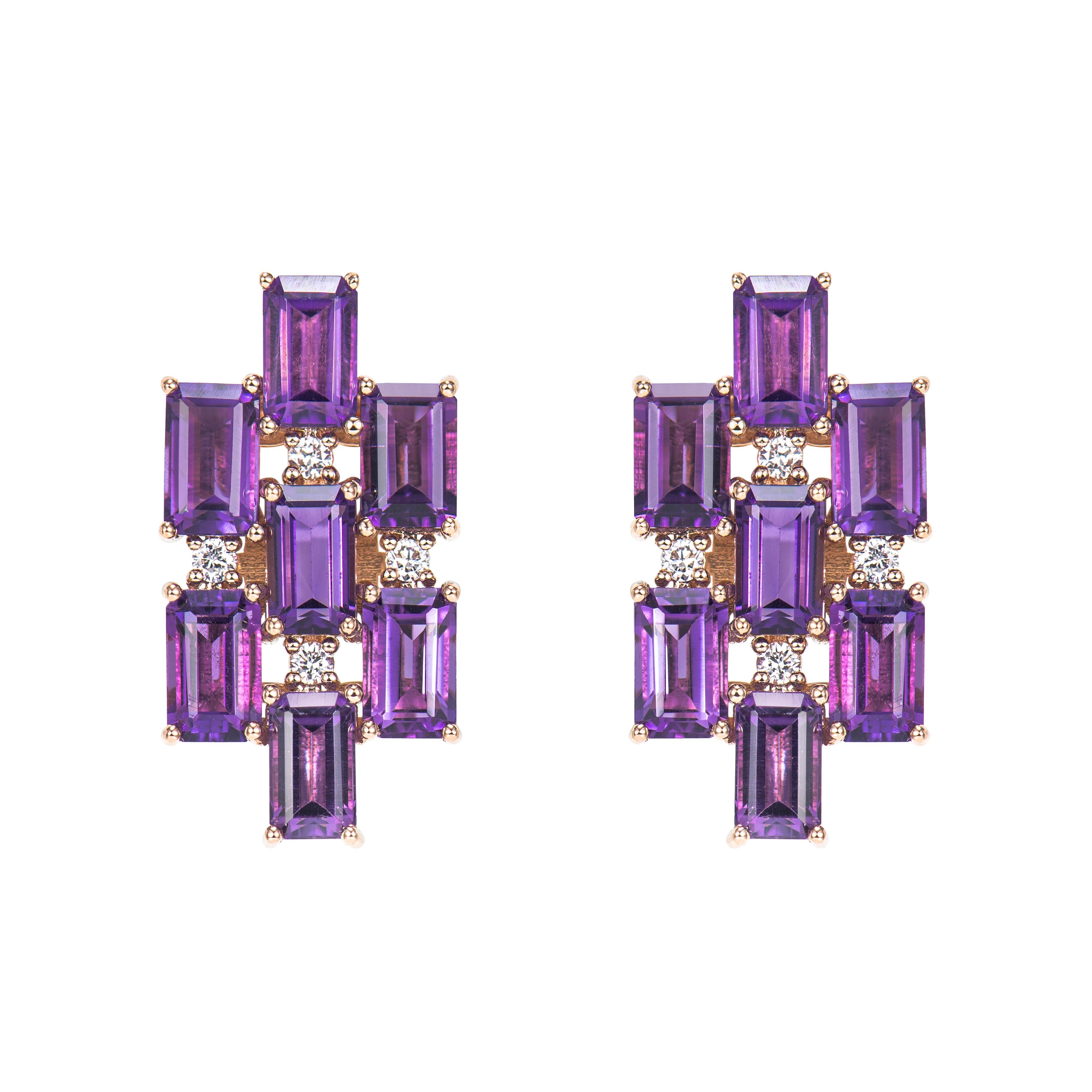 Contemporary 4.05 Carat Amethyst Drop Earring in 18Karat Rose Gold with White Diamond. For Sale