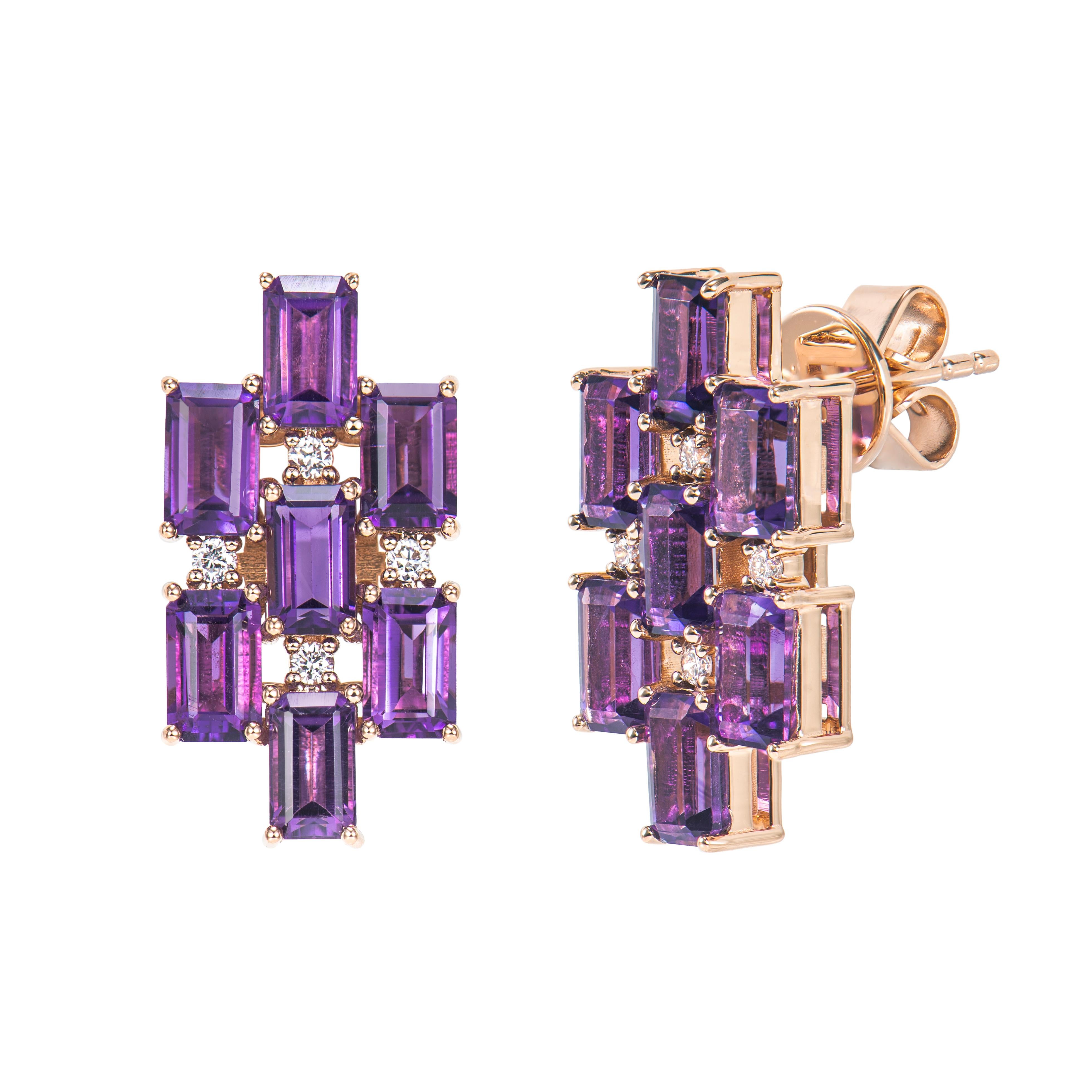 Octagon Cut 4.05 Carat Amethyst Drop Earring in 18Karat Rose Gold with White Diamond. For Sale