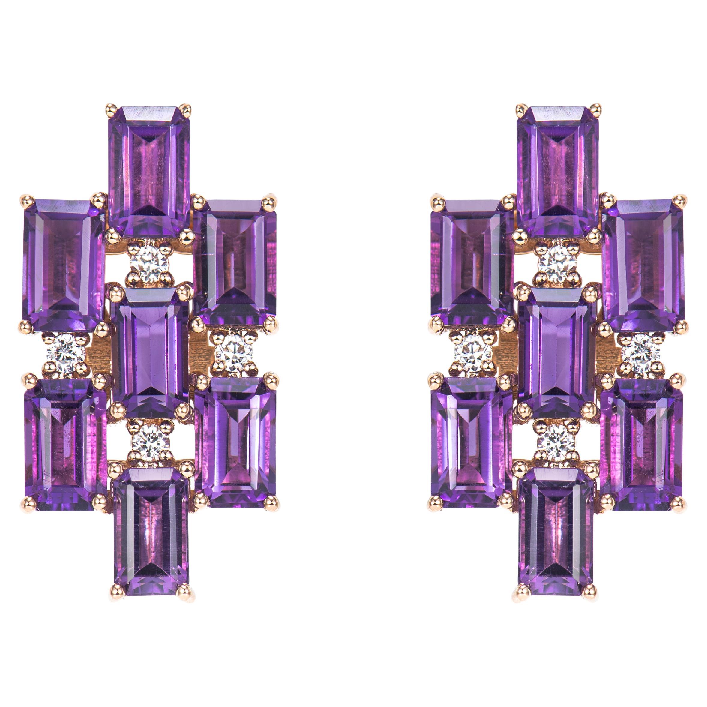 4.05 Carat Amethyst Drop Earring in 18Karat Rose Gold with White Diamond. For Sale