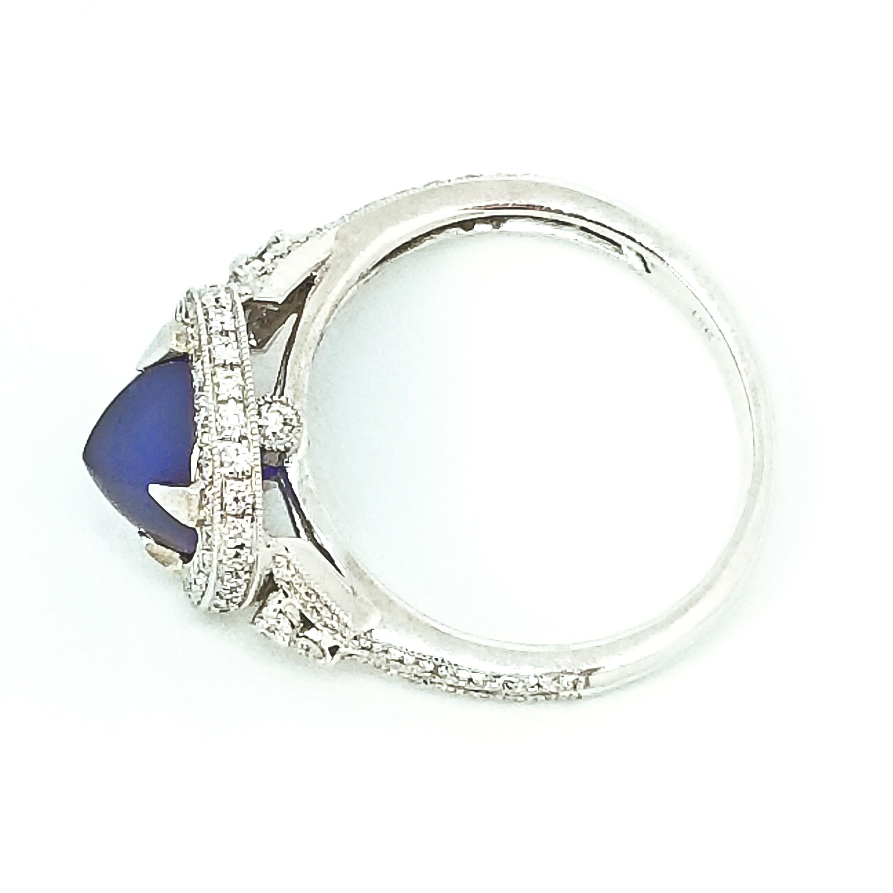 4.05 Carat Blue Sugarloaf Cushion Sapphire Diamond Deco Style Ring White Gold For Sale 4