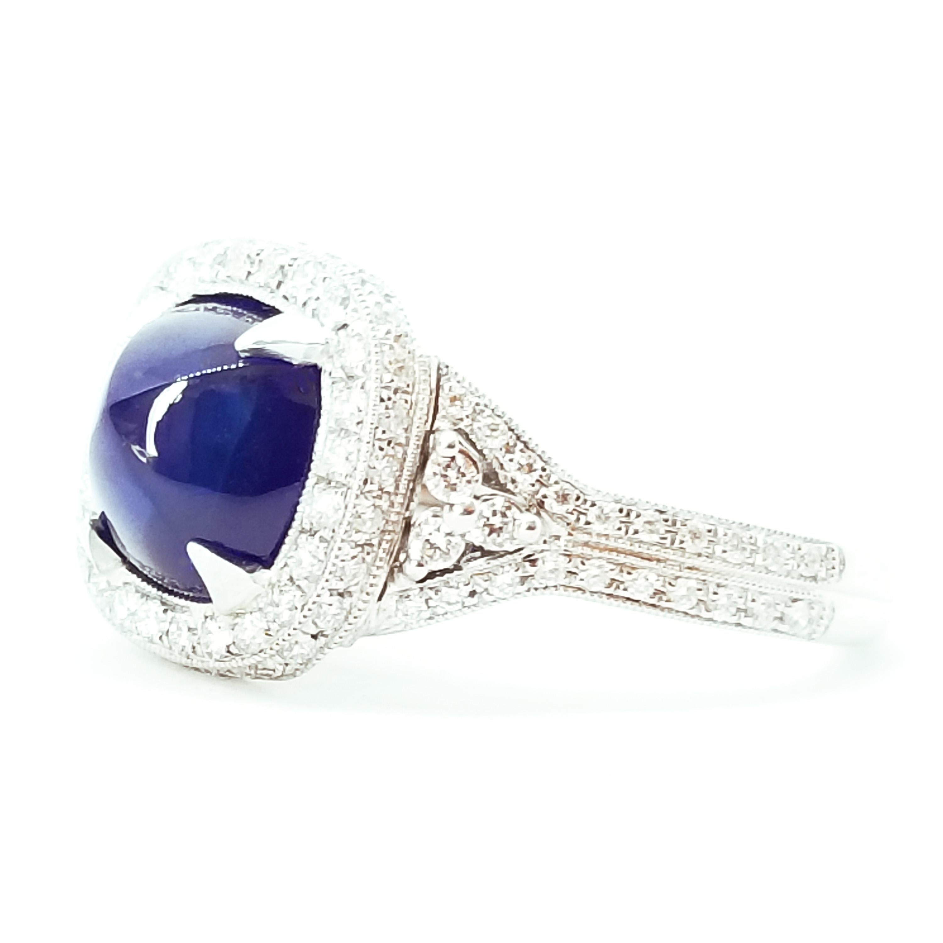 4.05 Carat Blue Sugarloaf Cushion Sapphire Diamond Deco Style Ring White Gold For Sale 5