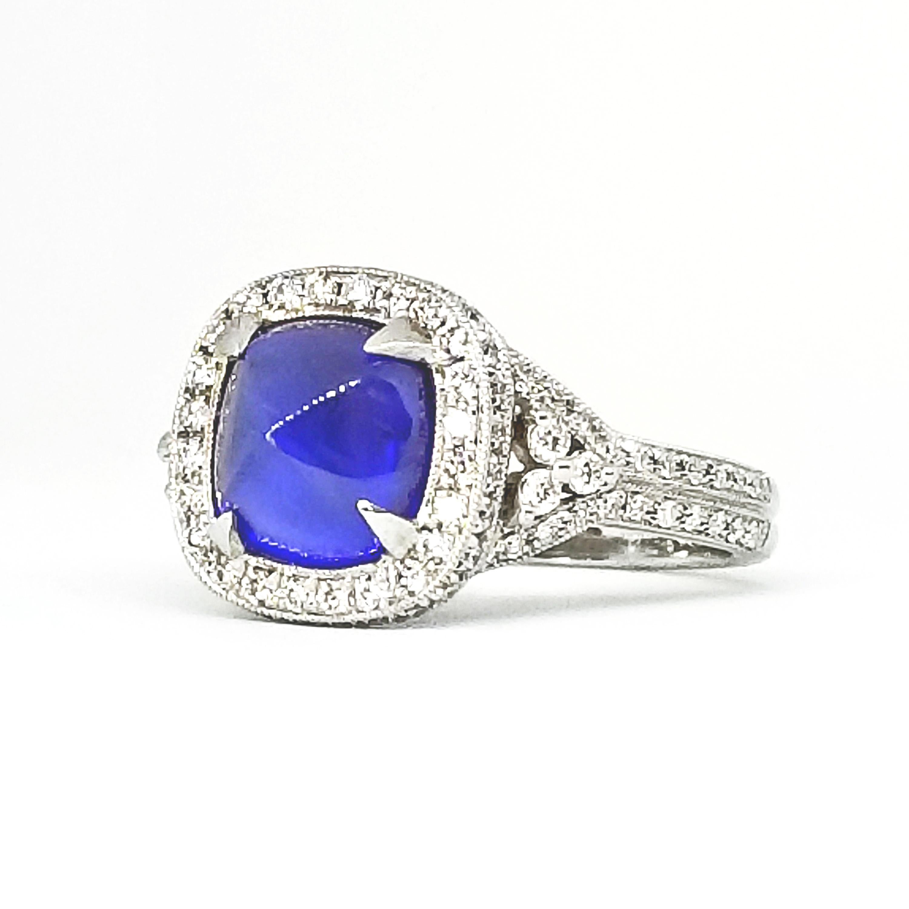 Contemporary 4.05 Carat Blue Sugarloaf Cushion Sapphire Diamond Deco Style Ring White Gold For Sale