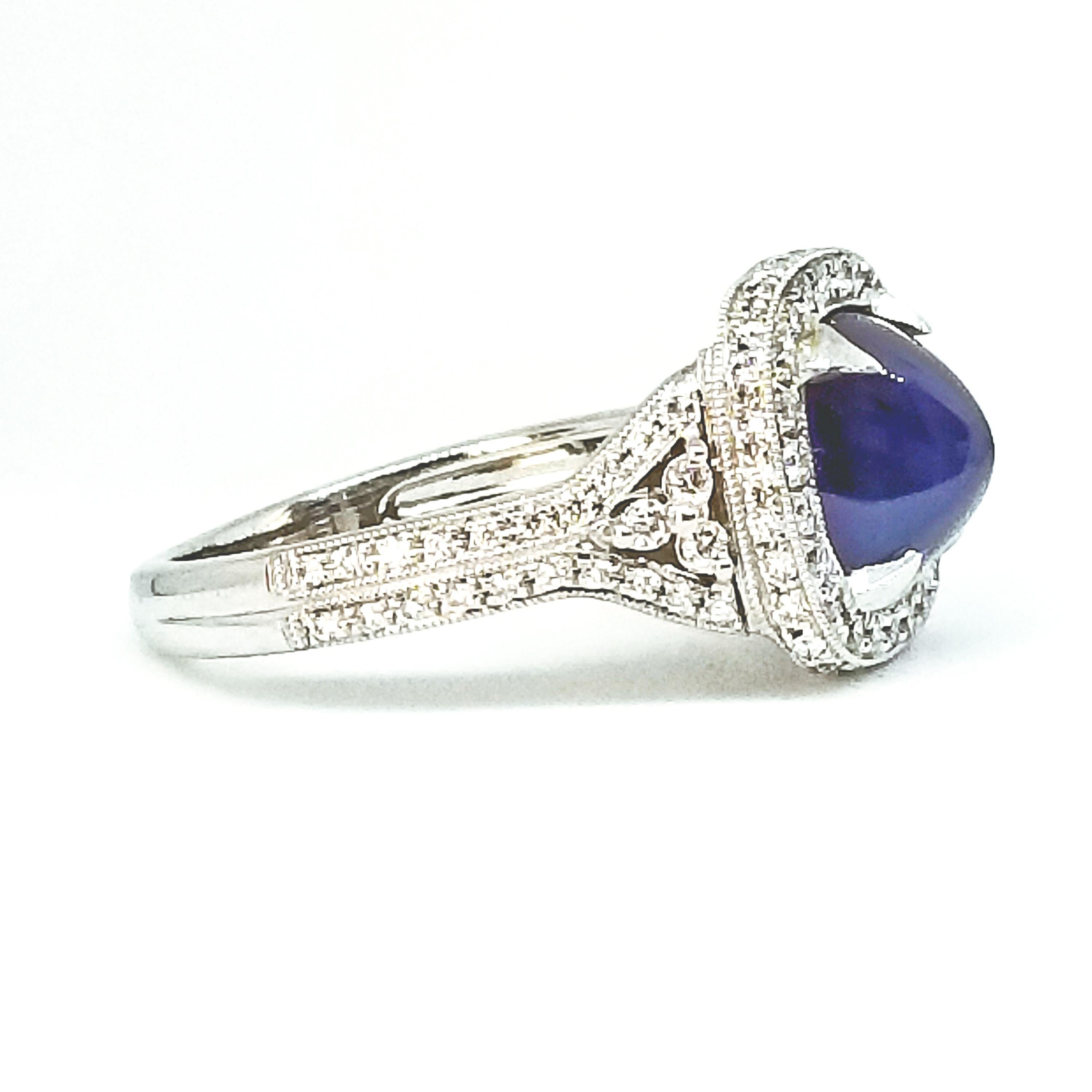 4.05 Carat Blue Sugarloaf Cushion Sapphire Diamond Deco Style Ring White Gold In New Condition For Sale In Lambertville , NJ
