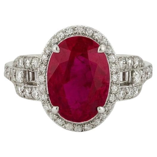 4.05 Carat Burma Heated Ruby and Diamond Solitaire Ring in 18K White Gold