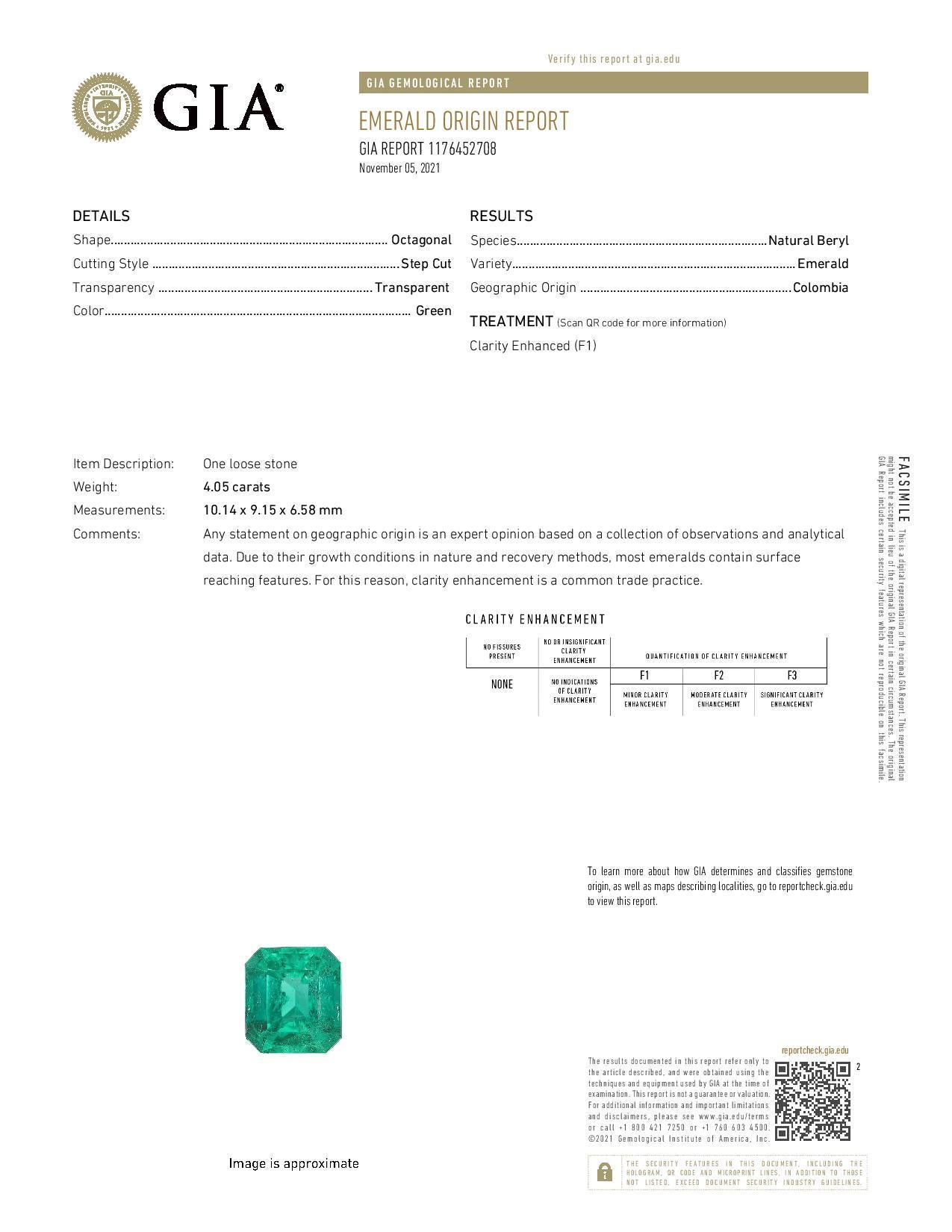 Women's 4.05 Carat Colombian Emerald GIA, 1.27 Carat Diamonds, Cocktail Ring