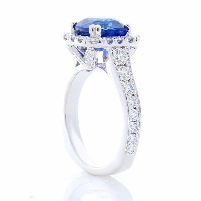 Contemporary AGL Certified 4.05 Carat Cushion Blue Sapphire & Diamond Ring in 14K Gold