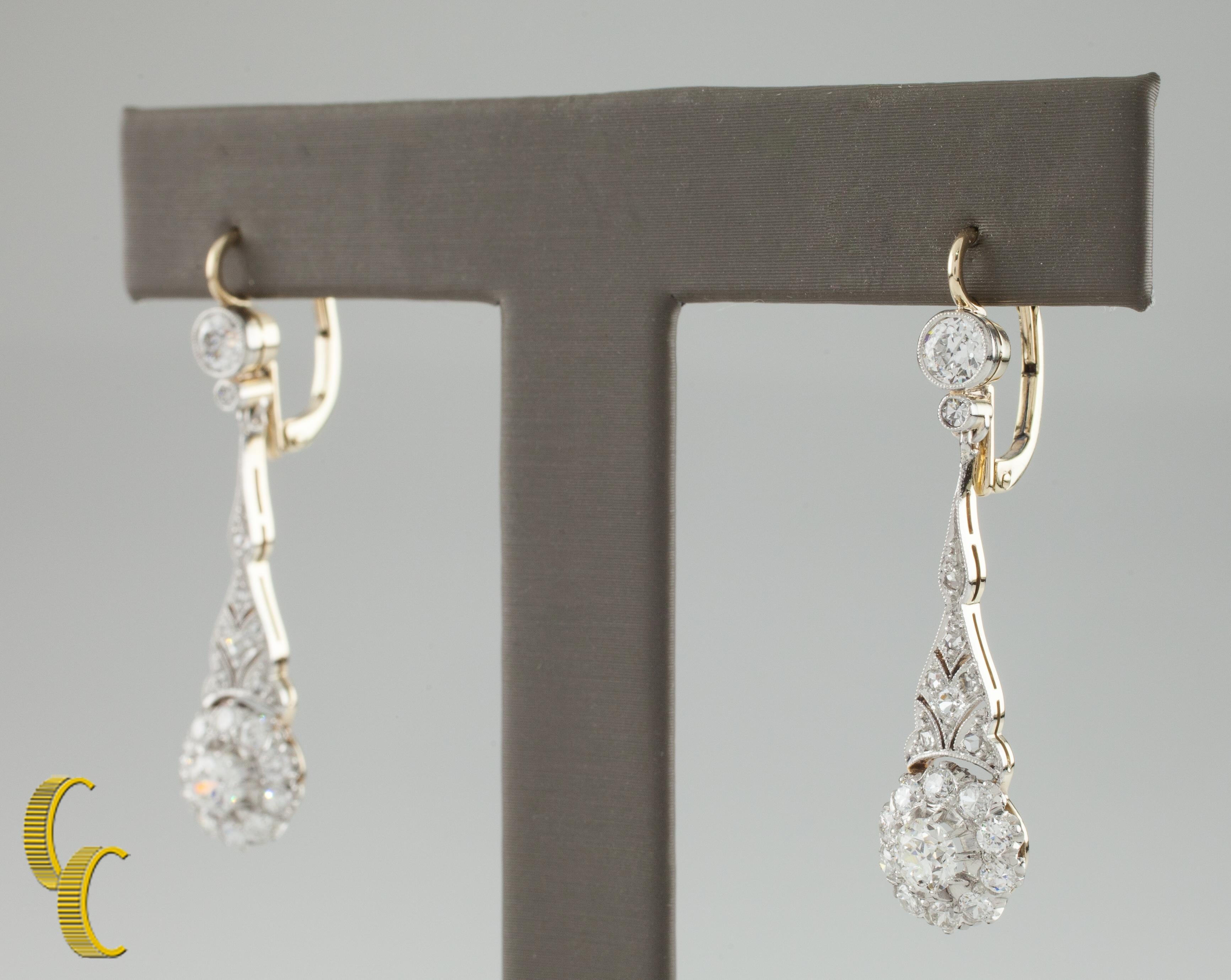 Art Deco 4.05 carat Diamond Dangle Pendant Necklace & Earrings 14k Gold Jewelry Set For Sale