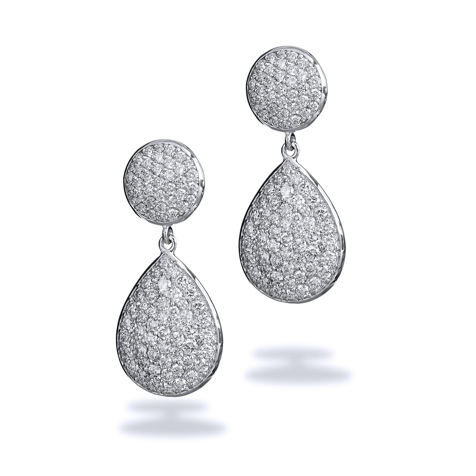 Round Cut Diamond Pave Drop Earrings 4.05 Carat 18 Karat White Gold Earrings For Sale