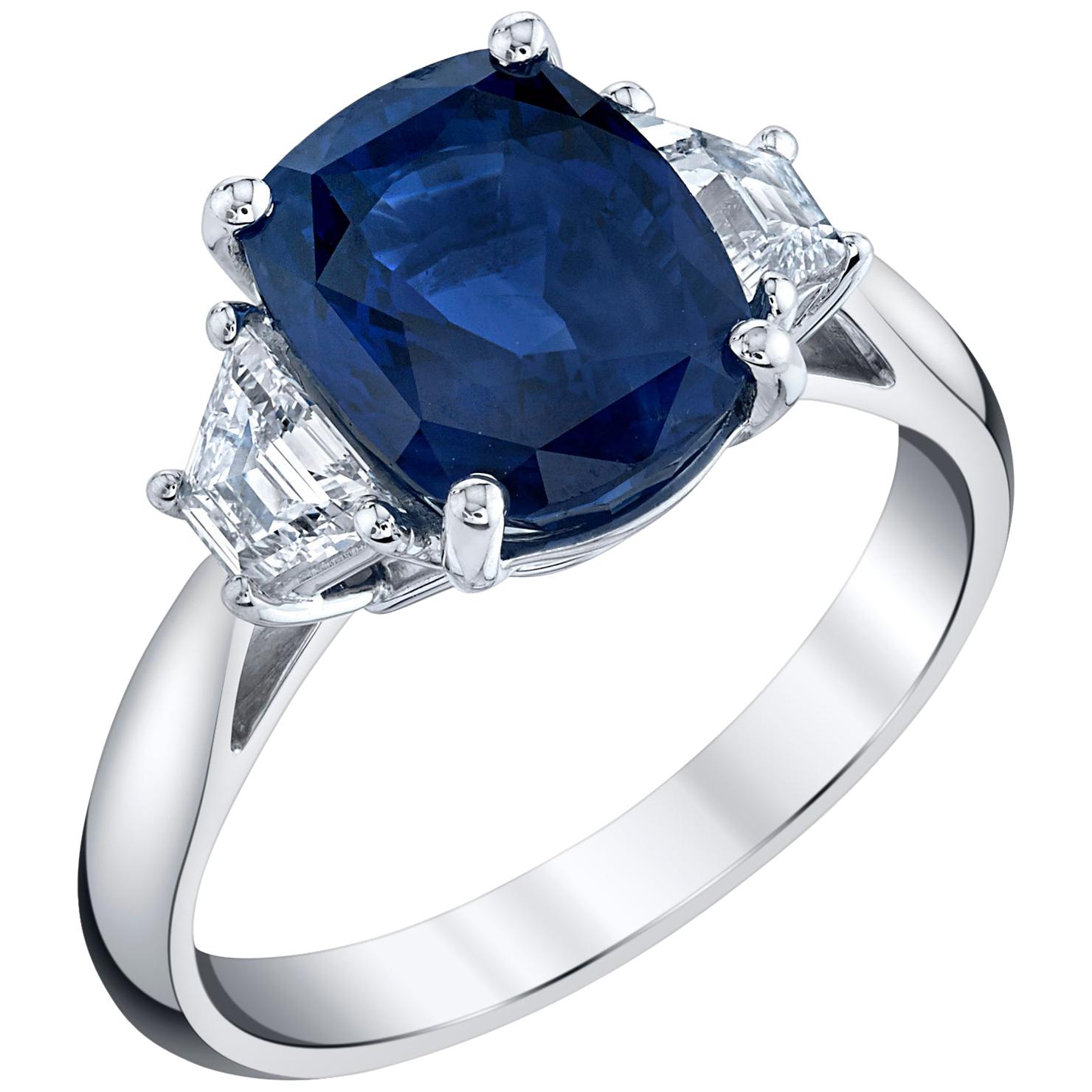 4.05 ct. Unheated Blue Sapphire GIA, Diamond, Platinum 3-Stone Engagement Ring 
