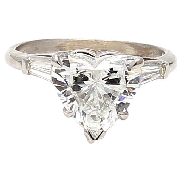 4.05 Carat Heart Shape and Tapered Baguette Diamond Platinum Engagement Ring For Sale