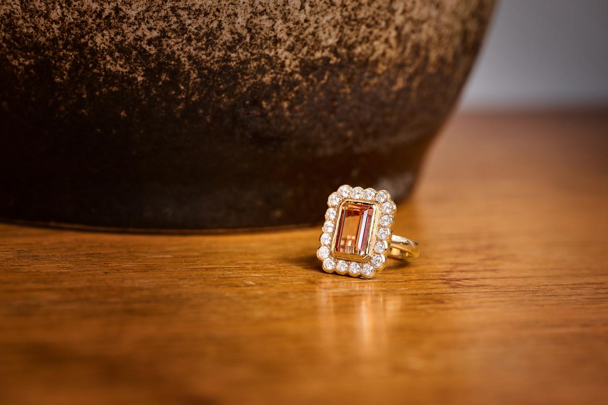 4.05 Carat Imperial Topaz Cluster Diamond Rose Gold Art Deco Cocktail Ring In New Condition For Sale In GENT, BE
