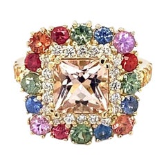 Bague cocktail en or jaune avec saphir et Morganite de 4,05 carats et diamant