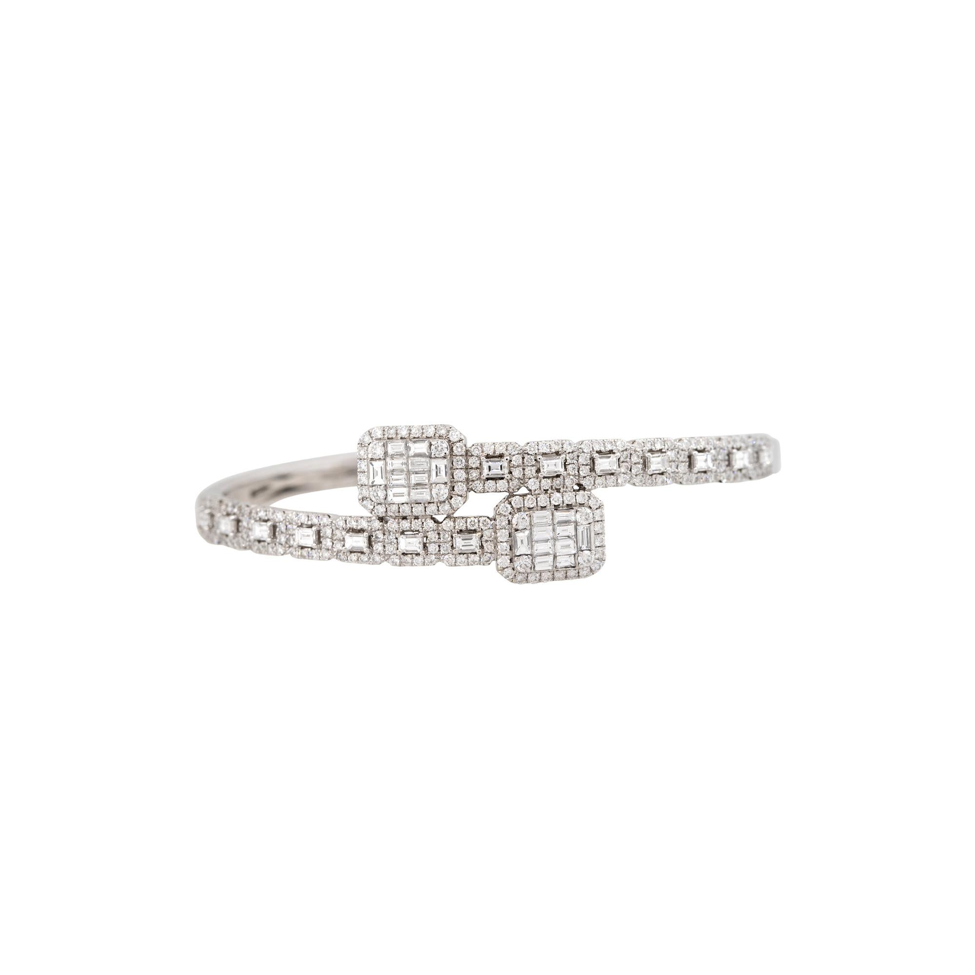 Everyone should take notice of this diamond bypass cuff bracelet! With approximately 4.05 carats of round brilliant, baguette and emerald cut diamonds, this bracelet offers a cool and trendy look. Not only are there multiple cuts of diamonds, but