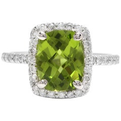 4.05 Carat Natural Peridot and Diamond 14 Karat Solid White Gold Ring